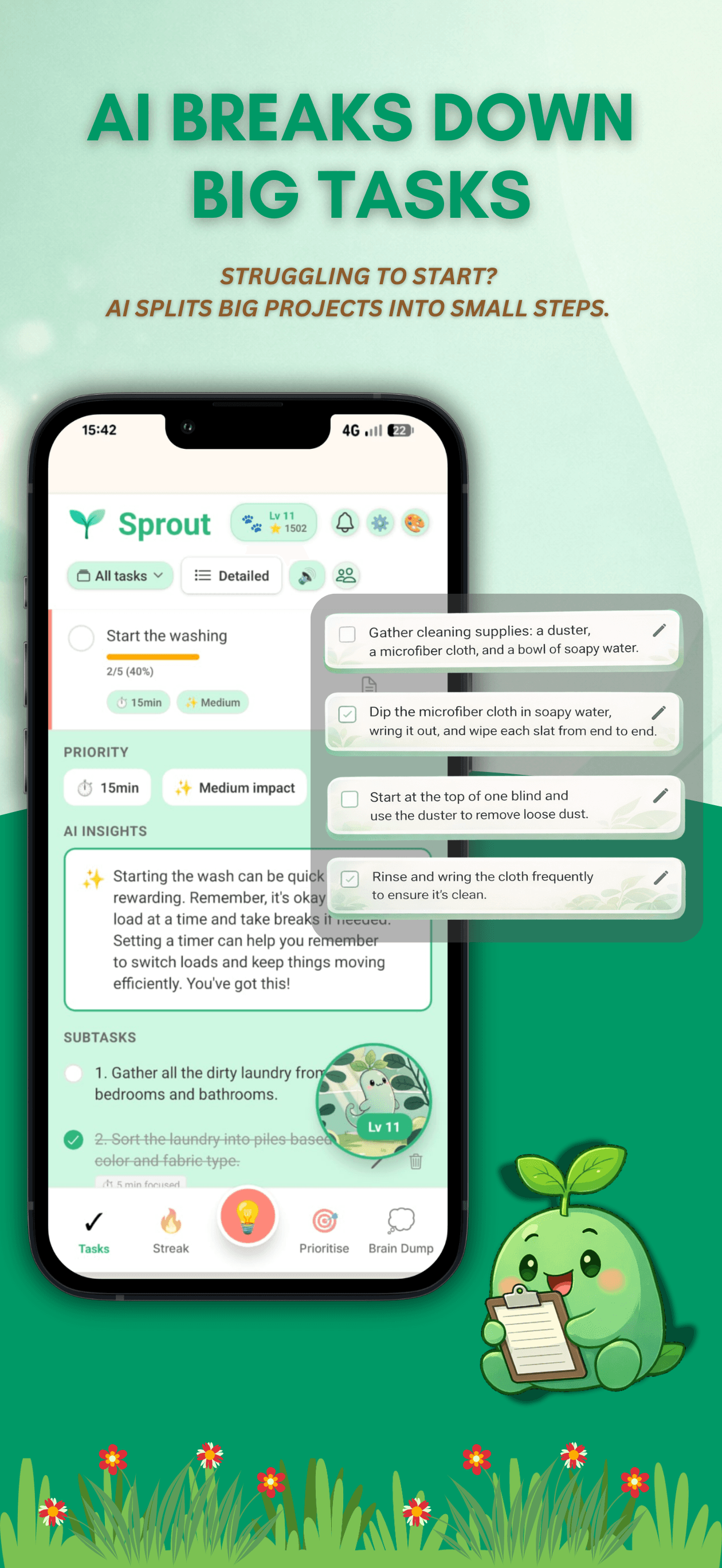 Sprout AI task breakdown showing a task split into actionable subtasks