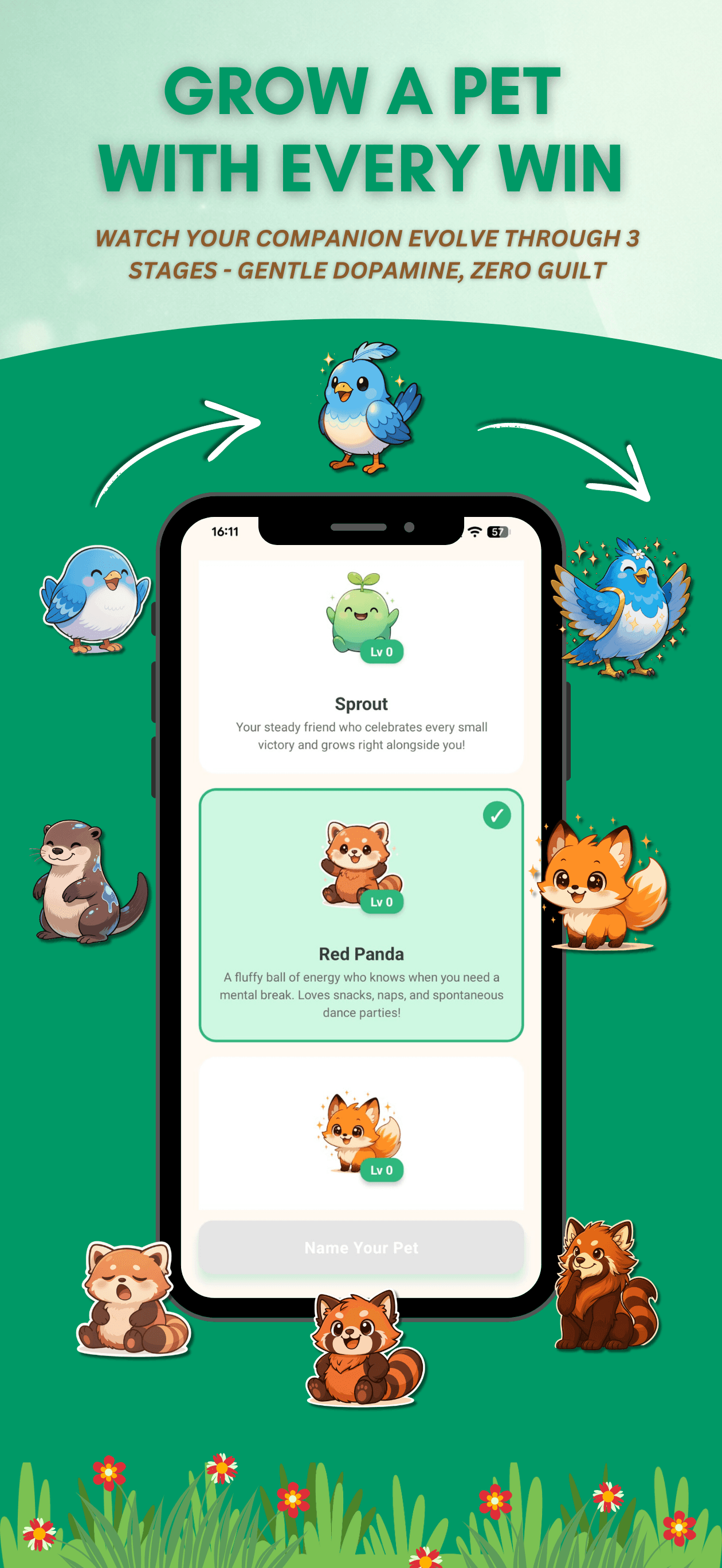 Sprout virtual pet companions showing multiple species and evolution stages