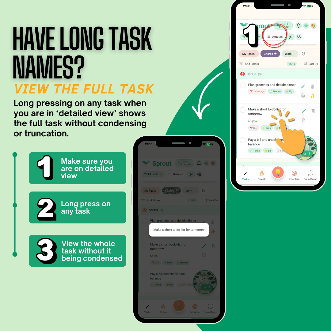 Long Press to View Full Task Details